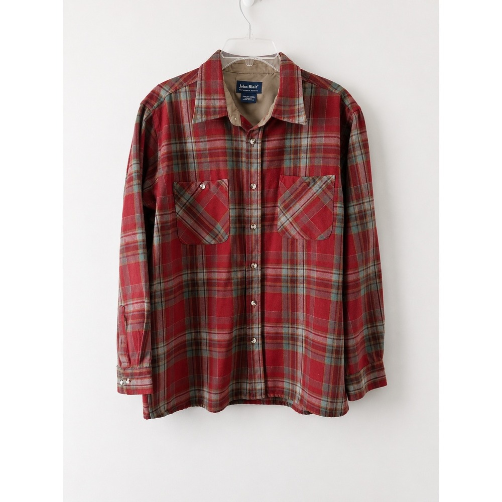 Vintage John Blair Men's Red Plaid Shirt Long Sleeve 2 Pocket